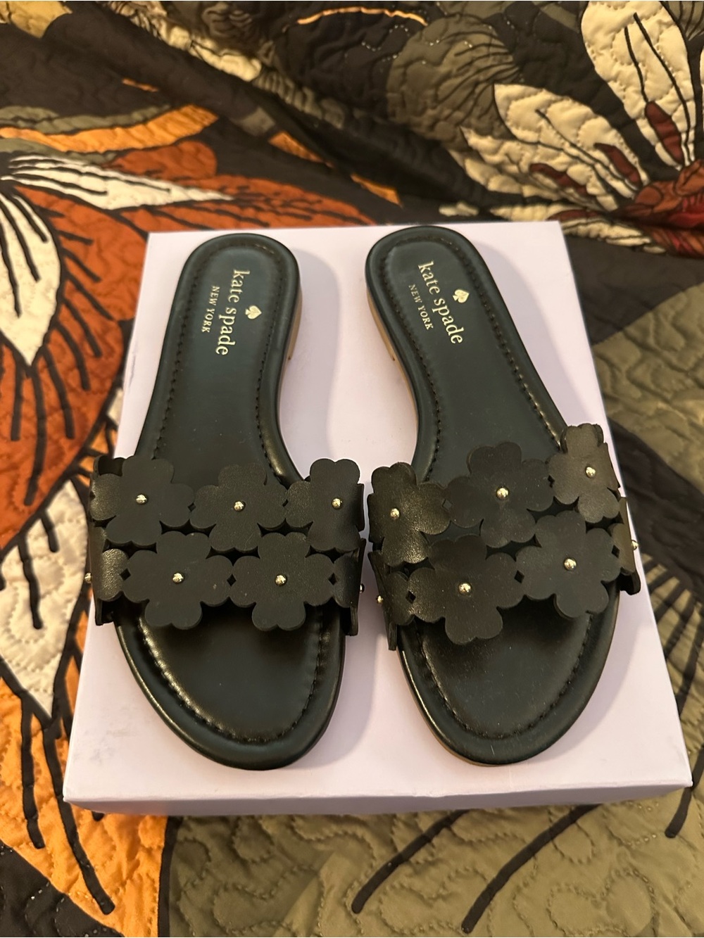 kate spade black floral leather slide mules